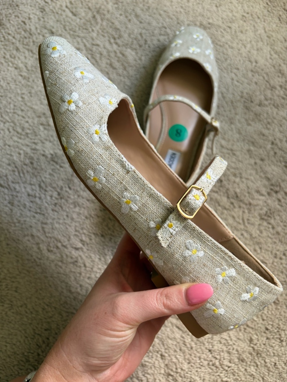 Steve Madden Women’s Boden Tan Linen Embroidered Daisy Mary Jane Flats Size 8 - Picture 6 of 6
